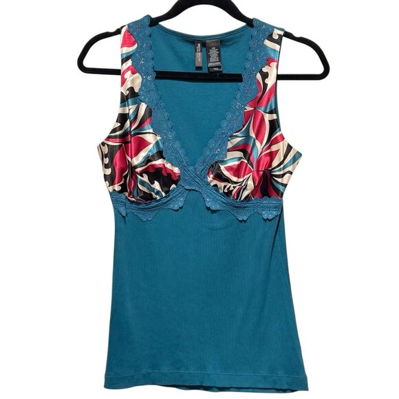 Y2K Babydoll Ribbed Lace Trim Teal Blue Contrast Bisou Bisou Womens Sz large Top - Picture 2 of 9